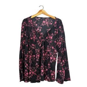 Women's Black Floral Flare Sleeve Lucky Brand Blouse L